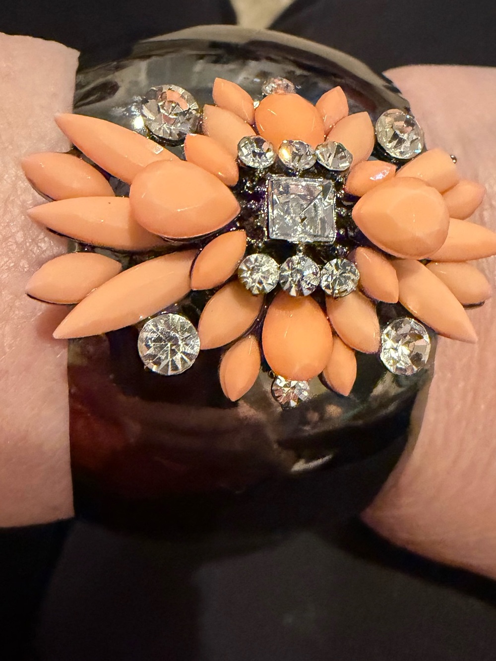Coral Floral Metal Cuff Bracelet with Rhinestones